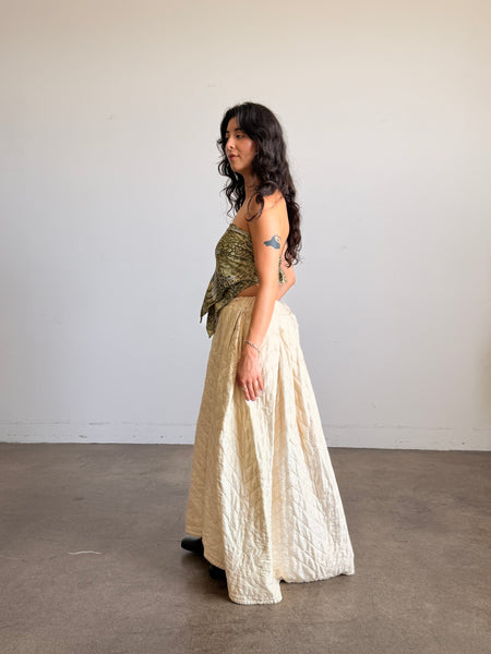 Antique Cream Silk Quilted Maxi Skirt