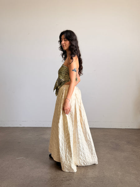 Antique Cream Silk Quilted Maxi Skirt