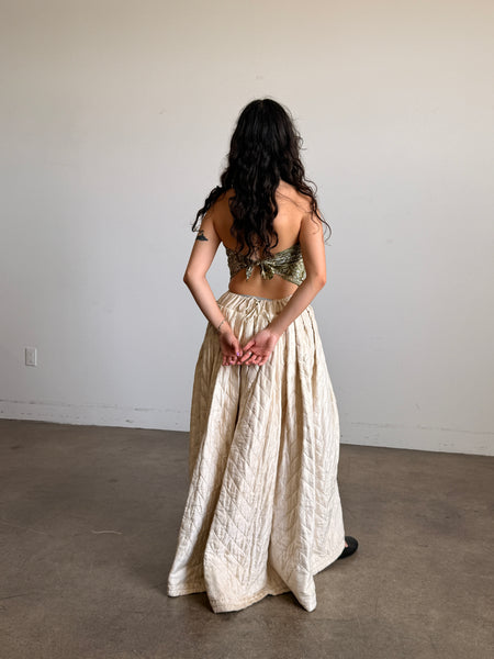 Antique Cream Silk Quilted Maxi Skirt