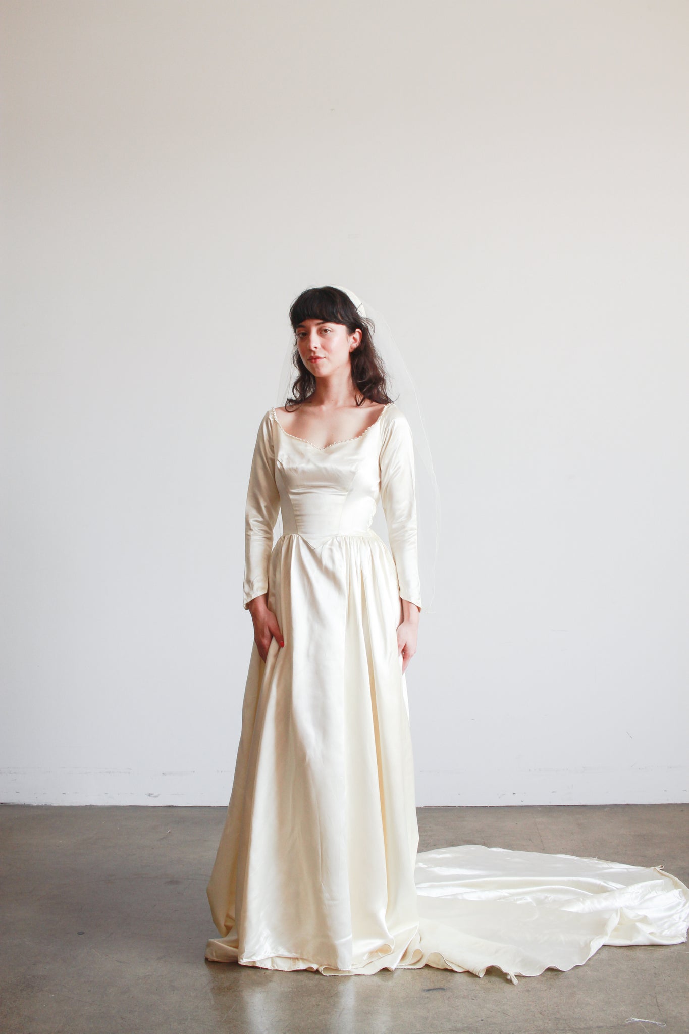 1950s Ivory Silk Satin Basque Waist Gown 1950s Ivory Silk Satin Basque Waist Gown