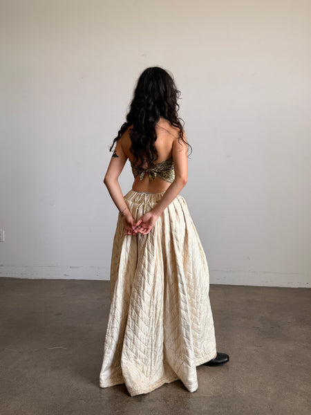 Antique Cream Silk Quilted Maxi Skirt