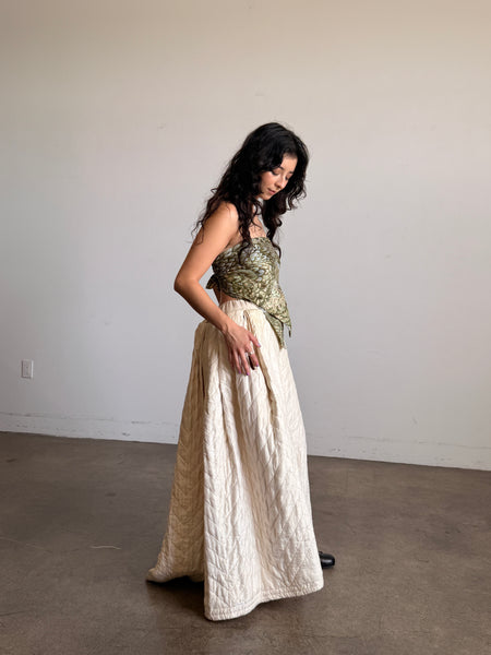 Antique Cream Silk Quilted Maxi Skirt