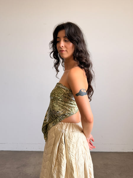 1980s Green Floral Painted Scarf