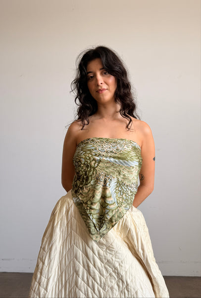 1980s Green Floral Painted Scarf