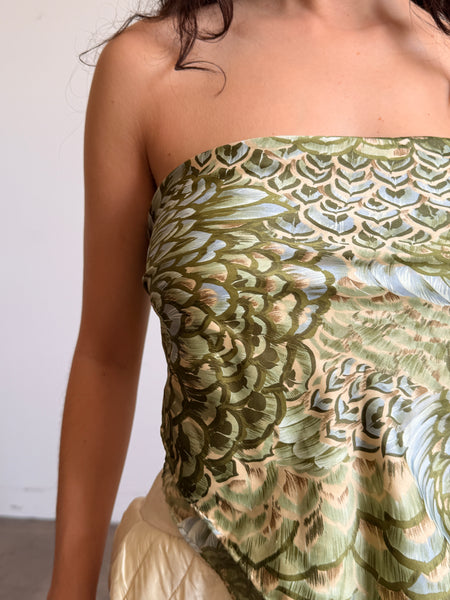 1980s Green Floral Painted Scarf