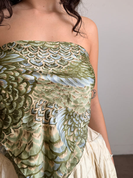 1980s Green Floral Painted Scarf