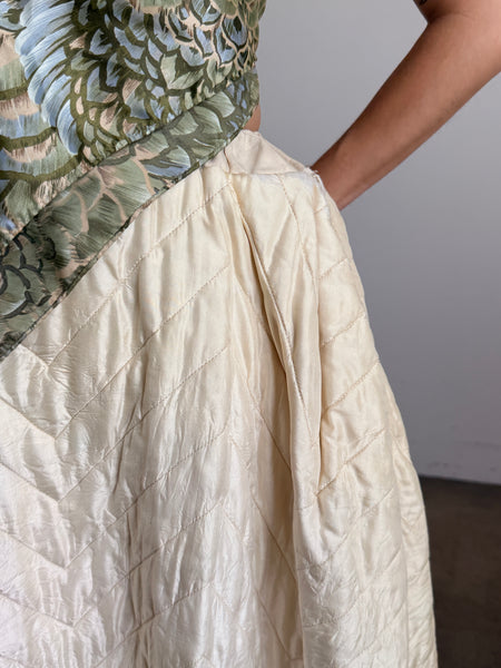 Antique Cream Silk Quilted Maxi Skirt
