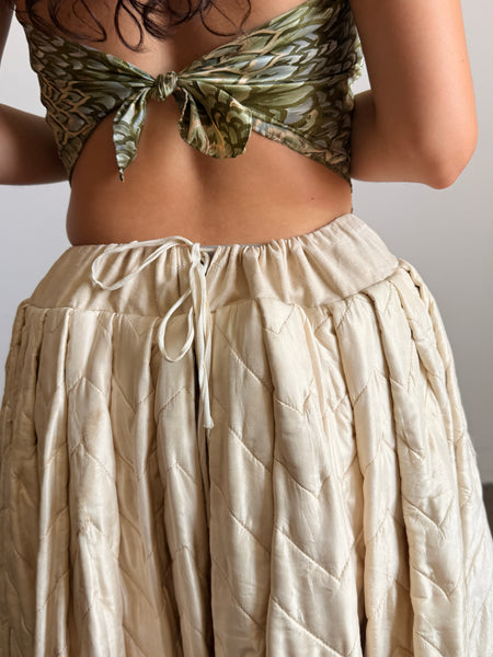 Antique Cream Silk Quilted Maxi Skirt