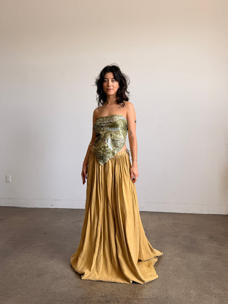 Antique Mustard Pleated Linen Maxi Skirt