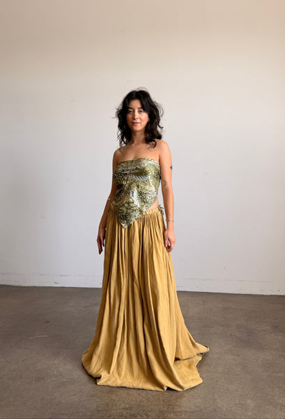 Antique Mustard Pleated Linen Maxi Skirt