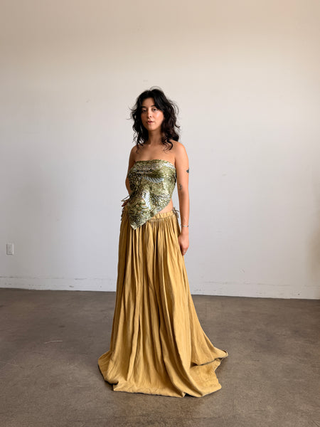 Antique Mustard Pleated Linen Maxi Skirt