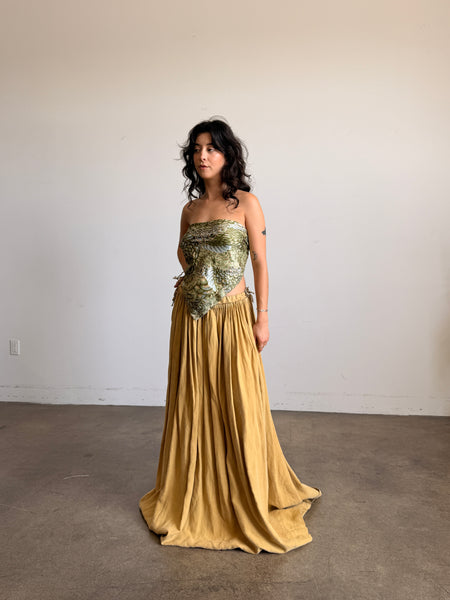 Antique Mustard Pleated Linen Maxi Skirt
