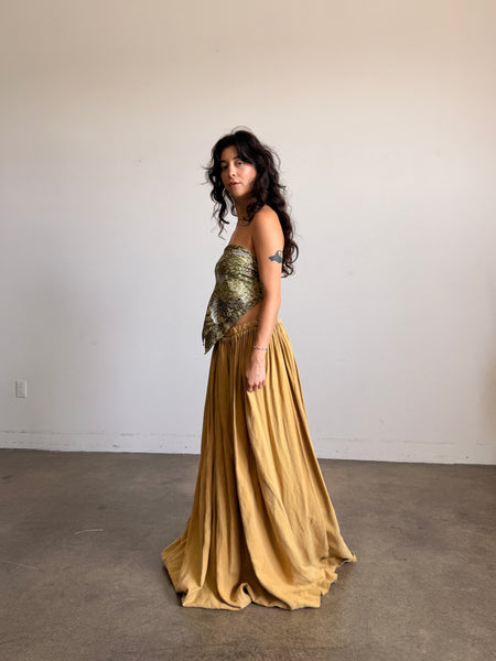 Antique Mustard Pleated Linen Maxi Skirt