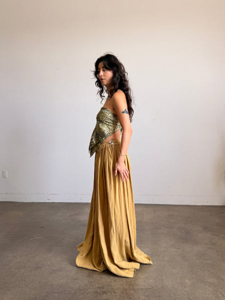Antique Mustard Pleated Linen Maxi Skirt