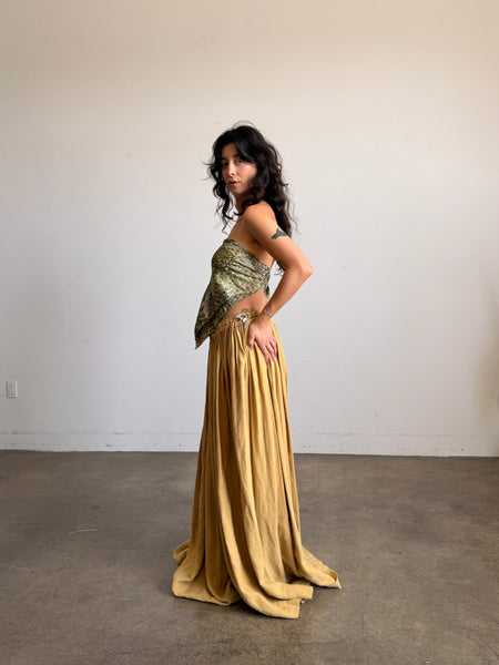 Antique Mustard Pleated Linen Maxi Skirt
