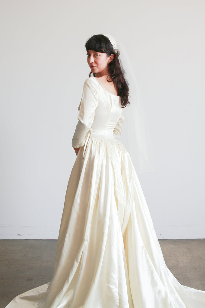1950s Ivory Silk Satin Basque Waist Gown Blossom Vintage 1950s Ivory Silk Satin Basque Waist Gown Blossom Vintage