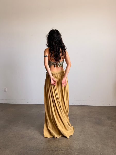 Antique Mustard Pleated Linen Maxi Skirt