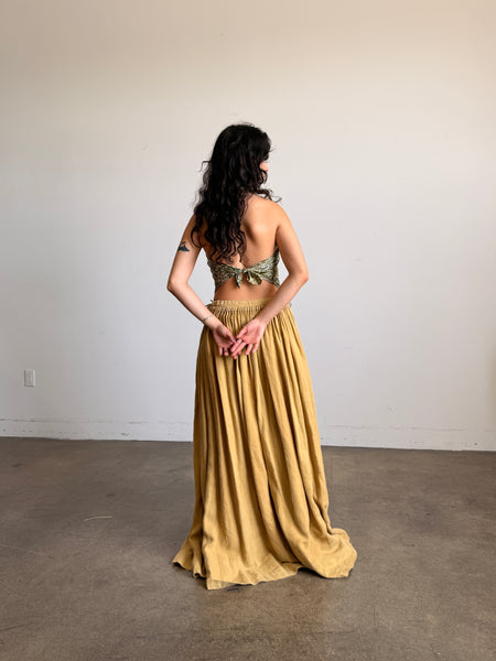 Antique Mustard Pleated Linen Maxi Skirt