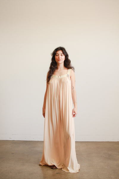 Antique Champagne Silk Charmeuse Ribbon Work Night Gown