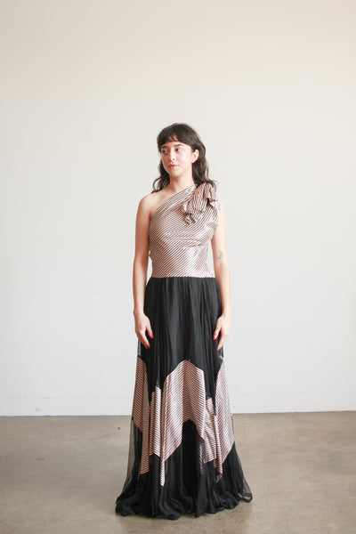 1940s Mauve Pinstripe Tulle Gown