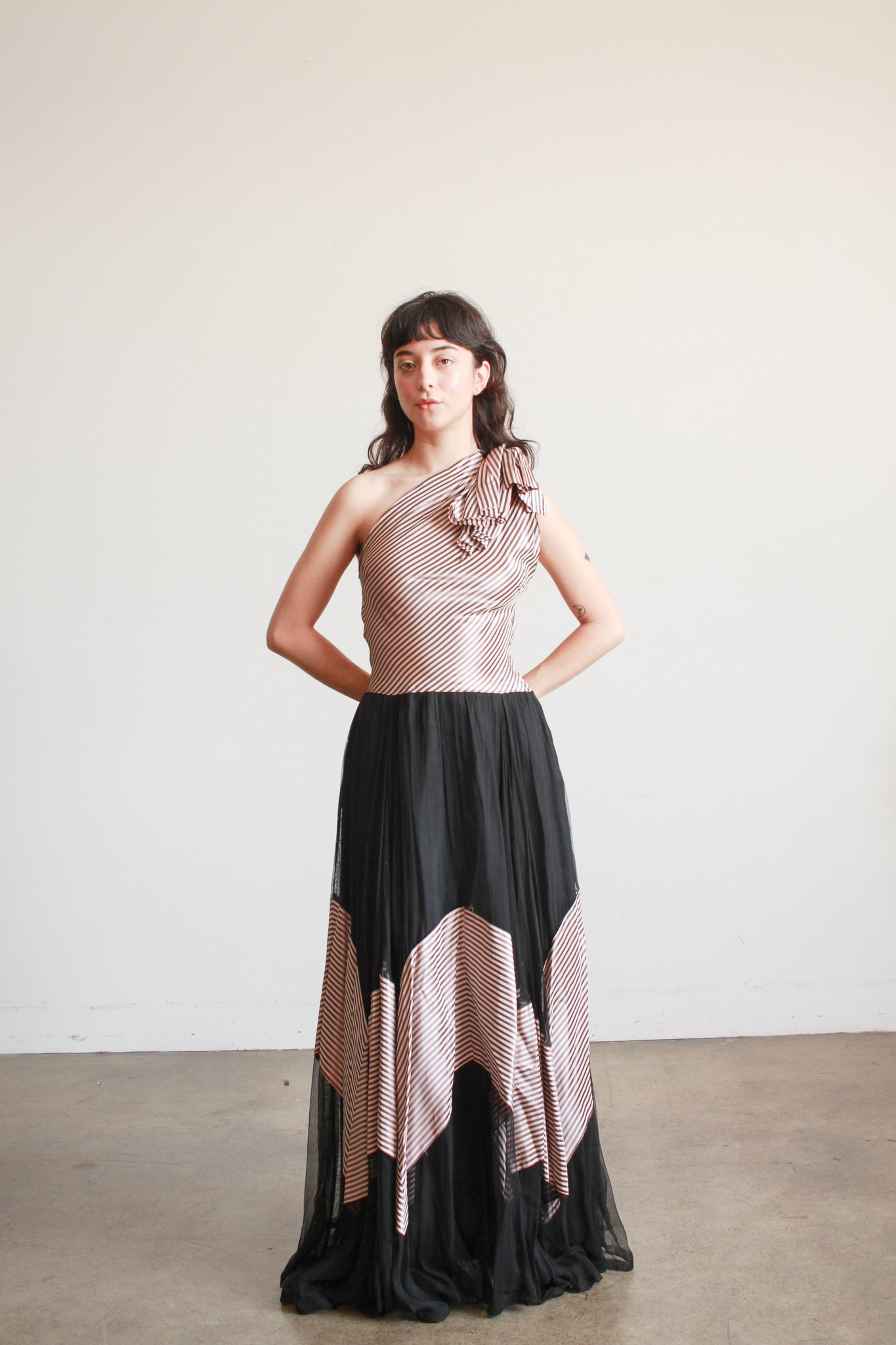 1940s Mauve Pinstripe Tulle Gown