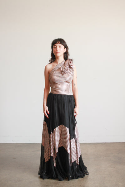 1940s Mauve Pinstripe Tulle Gown