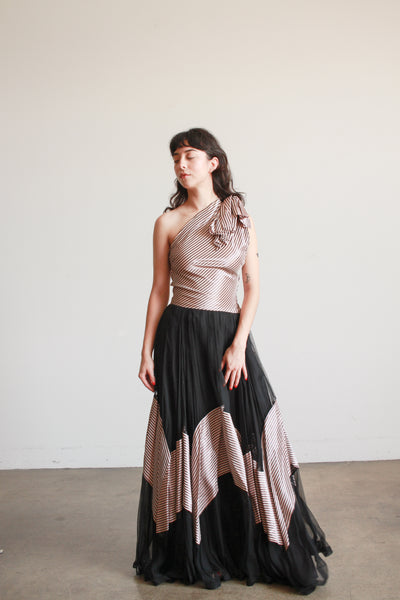 1940s Mauve Pinstripe Tulle Gown