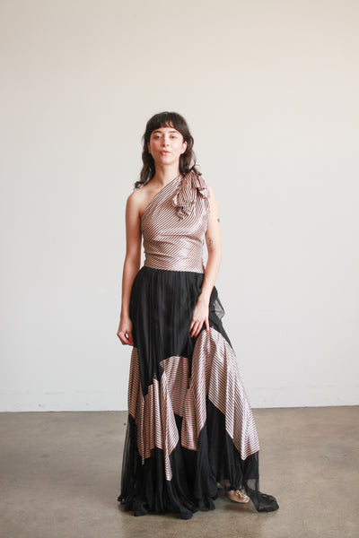 1940s Mauve Pinstripe Tulle Gown