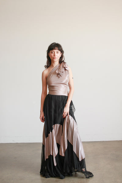 1940s Mauve Pinstripe Tulle Gown