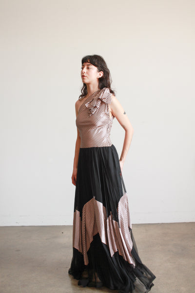 1940s Mauve Pinstripe Tulle Gown