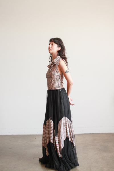 1940s Mauve Pinstripe Tulle Gown