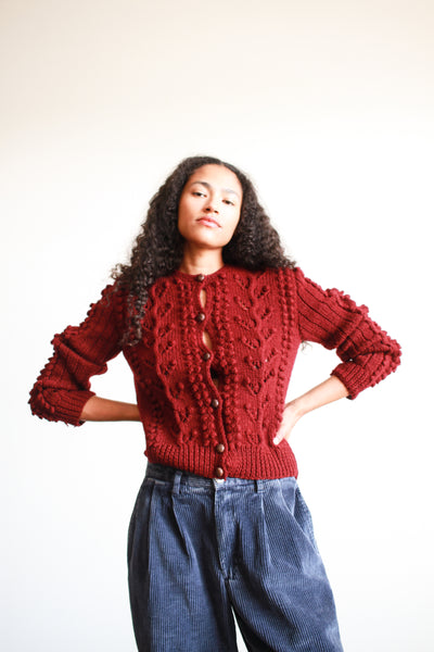 1970s Burgundy Wool Popcorn Knit Cardigan