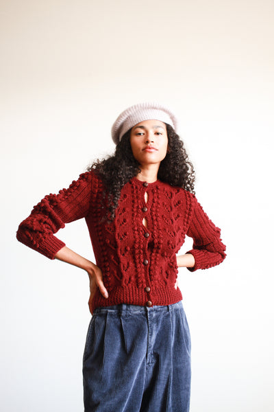 1970s Burgundy Wool Popcorn Knit Cardigan