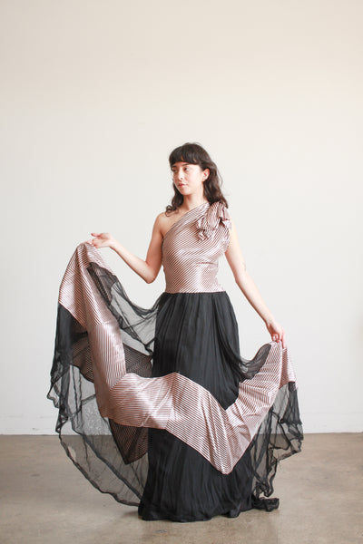 1940s Mauve Pinstripe Tulle Gown