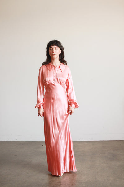 1930s Salmon Silk Charmeuse Night Gown