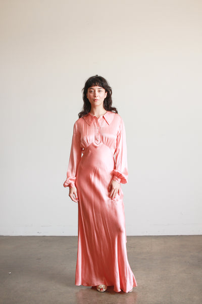 1930s Salmon Silk Charmeuse Night Gown