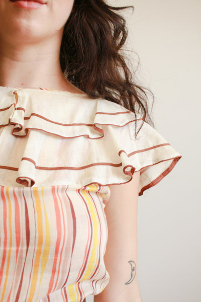 1930s Sunset Striped Ruffled Dress