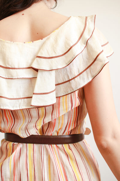1930s Sunset Striped Ruffled Dress
