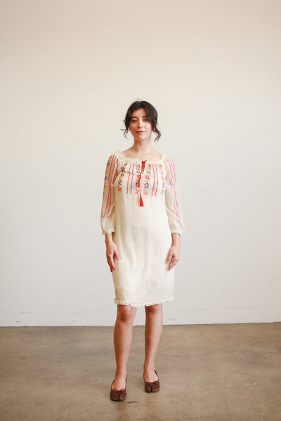 1940s Cream Silk Chiffon Floral Embroidered Midi Dress