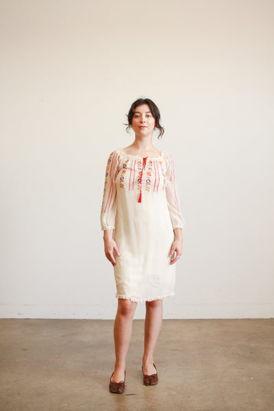 1940s Cream Silk Chiffon Floral Embroidered Midi Dress