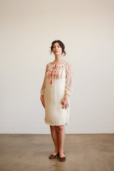 1940s Cream Silk Chiffon Floral Embroidered Midi Dress