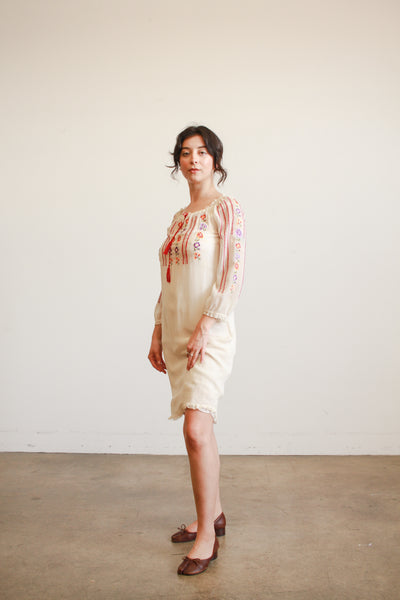 1940s Cream Silk Chiffon Floral Embroidered Midi Dress