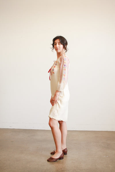 1940s Cream Silk Chiffon Floral Embroidered Midi Dress