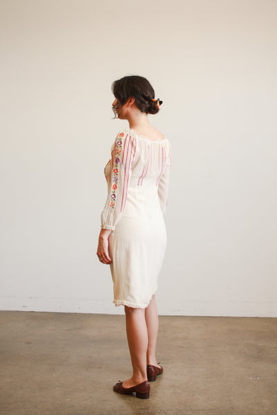 1940s Cream Silk Chiffon Floral Embroidered Midi Dress