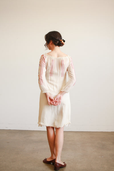 1940s Cream Silk Chiffon Floral Embroidered Midi Dress