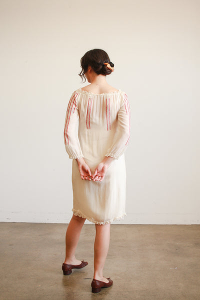 1940s Cream Silk Chiffon Floral Embroidered Midi Dress