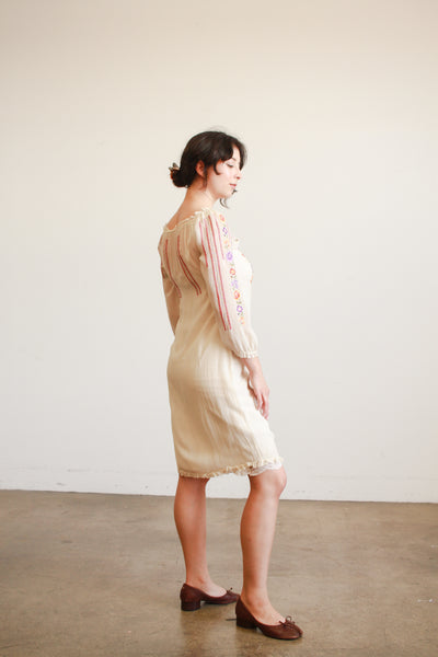 1940s Cream Silk Chiffon Floral Embroidered Midi Dress