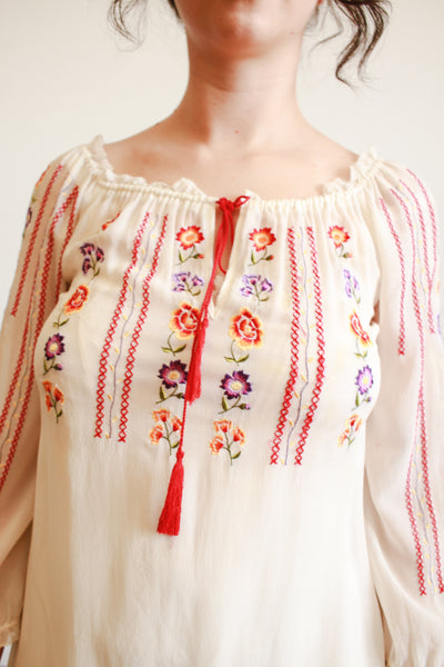1940s Cream Silk Chiffon Floral Embroidered Midi Dress