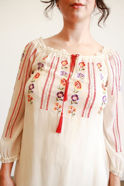 1940s Cream Silk Chiffon Floral Embroidered Midi Dress