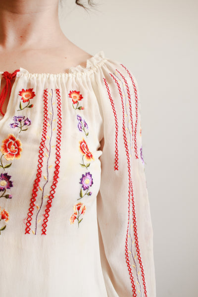 1940s Cream Silk Chiffon Floral Embroidered Midi Dress